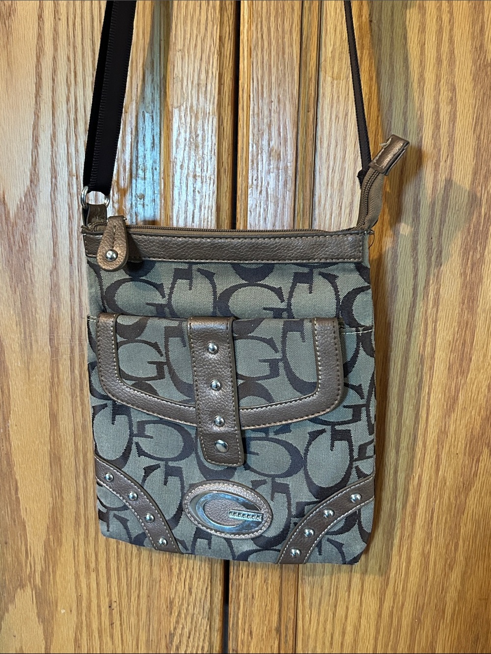 Brown and Tan Canvas Crossbody Bag